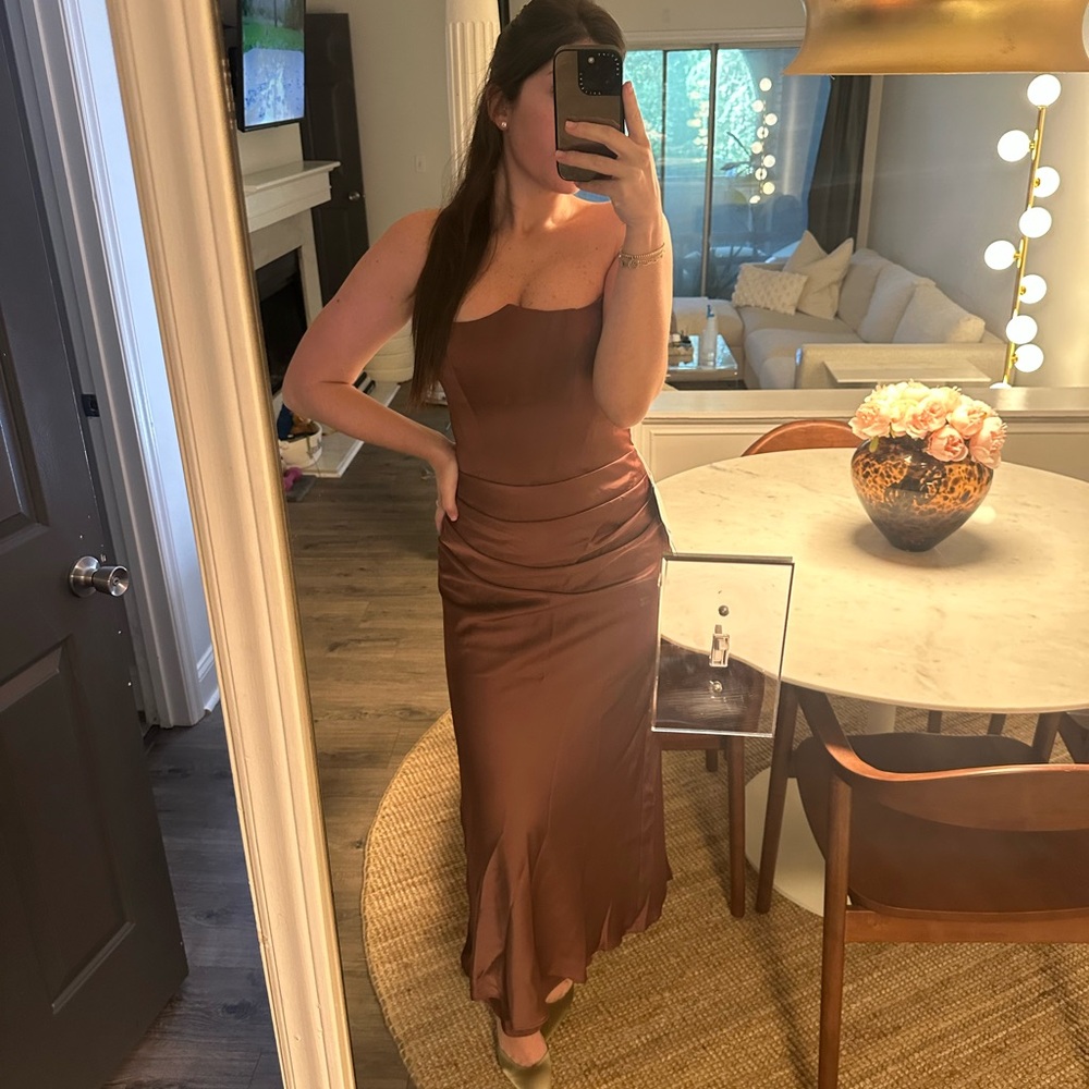 Azazie Strapless Brown Satin Dress